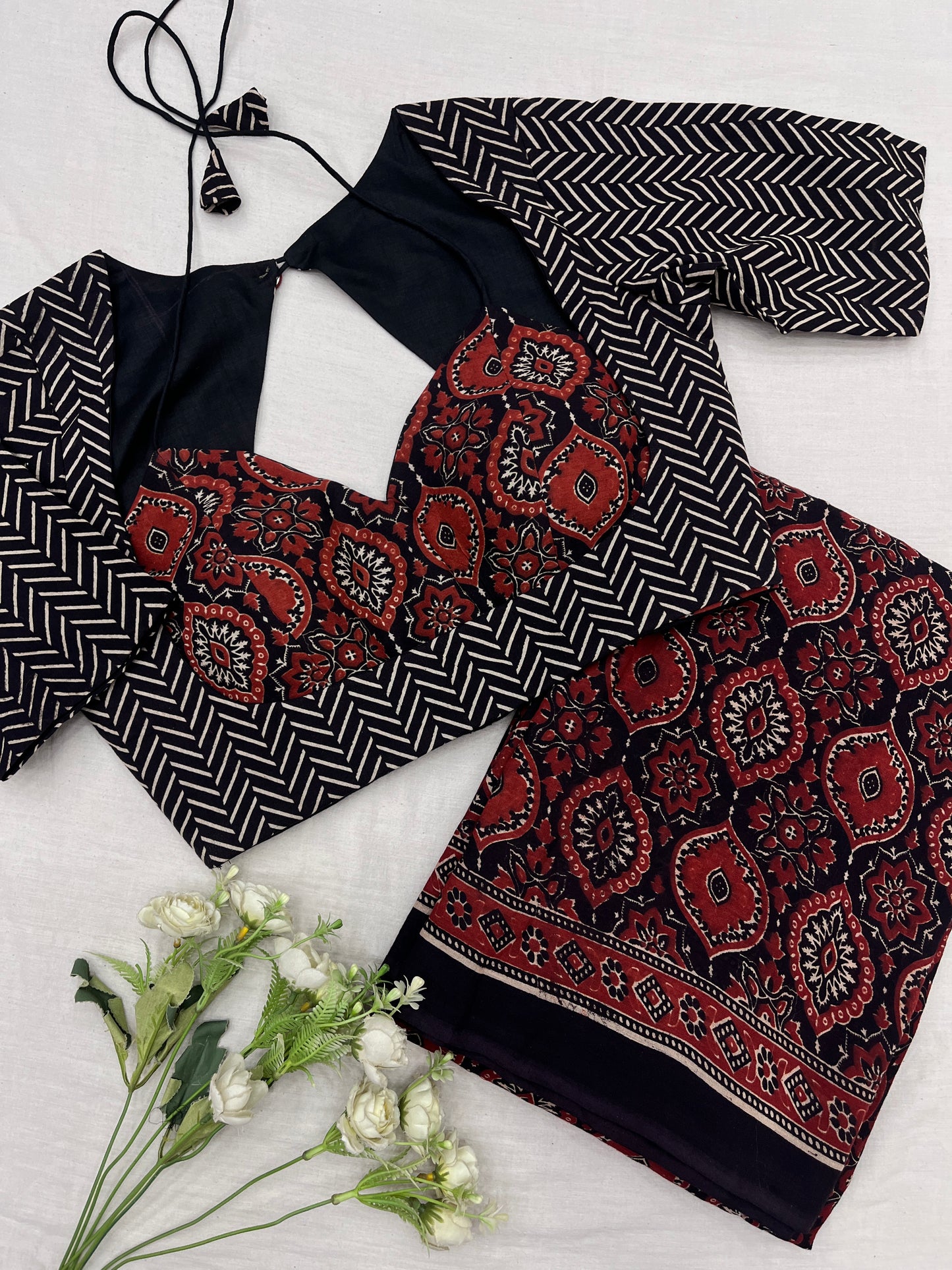 Rusty Black Badam Ajrakh Cotton Saree Blouse Set