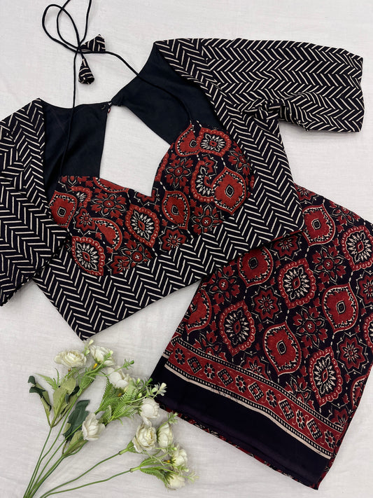 Rusty Black Badam Ajrakh Cotton Saree Blouse Set