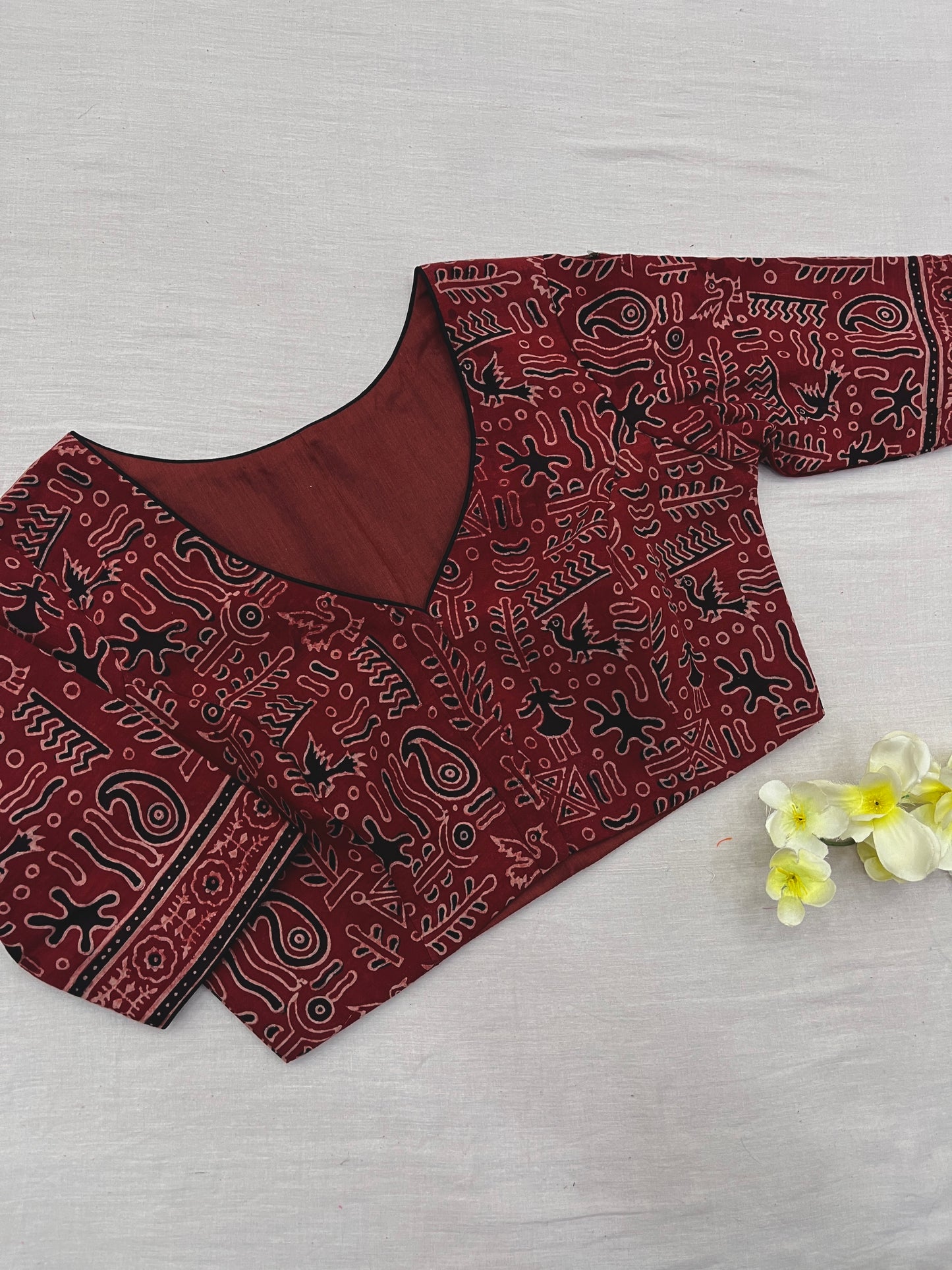 Red Cotton Badam Ajrakh Block Print Saree Blouse Set.