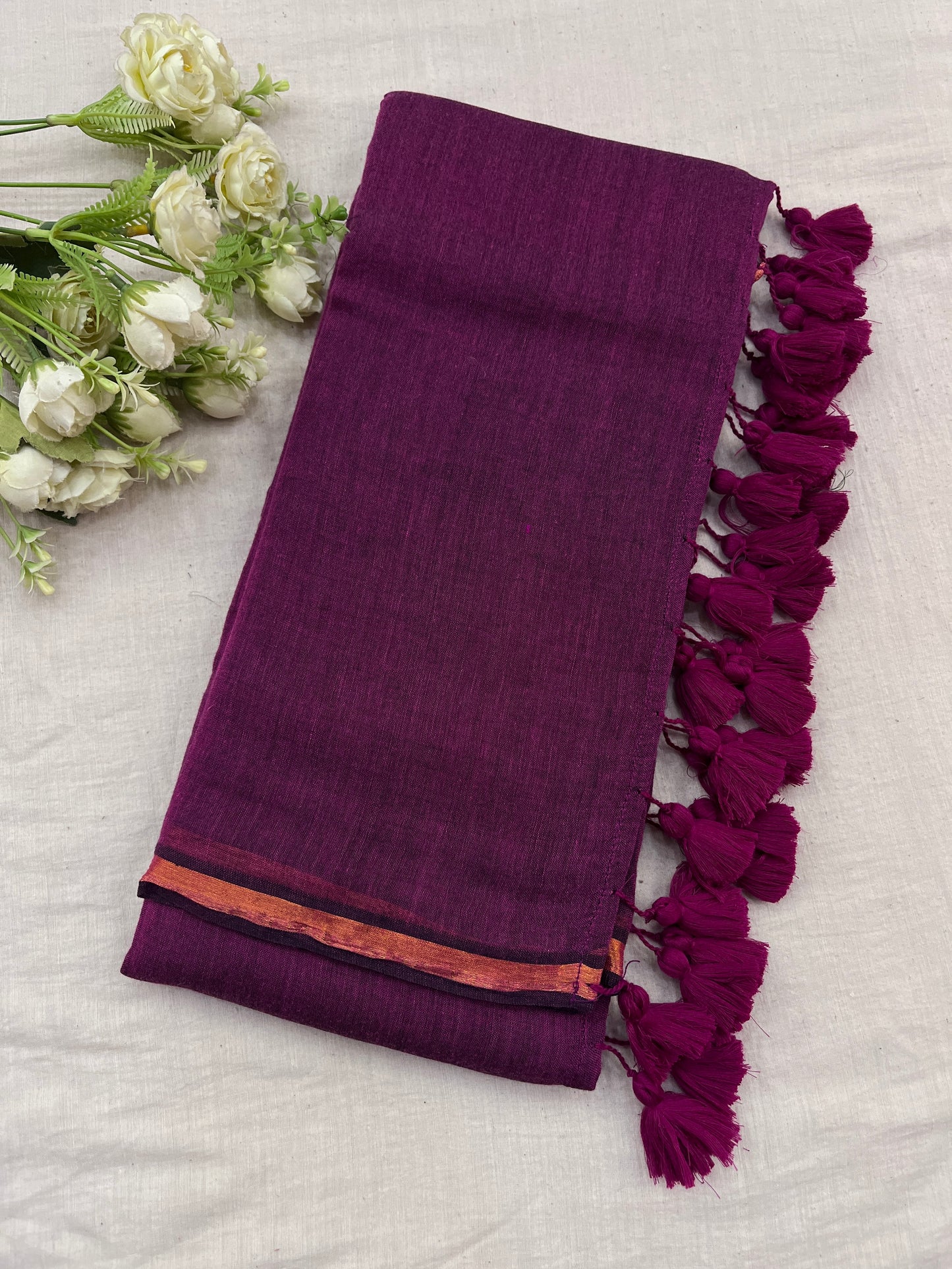 Magenta Copper Zari Border Mulmul Saree