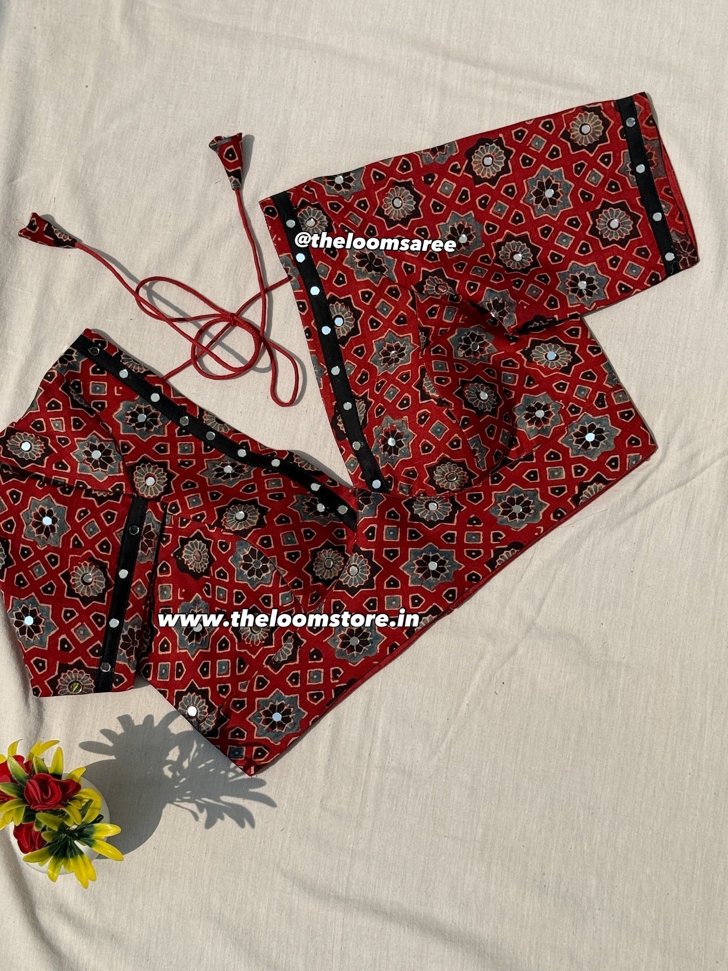 Darpanika Red Ajrakh Saree Blouse Set