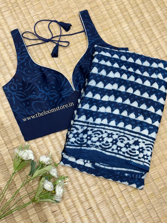 Shank Neel Indigo Modal Silk Saree Blouse Set