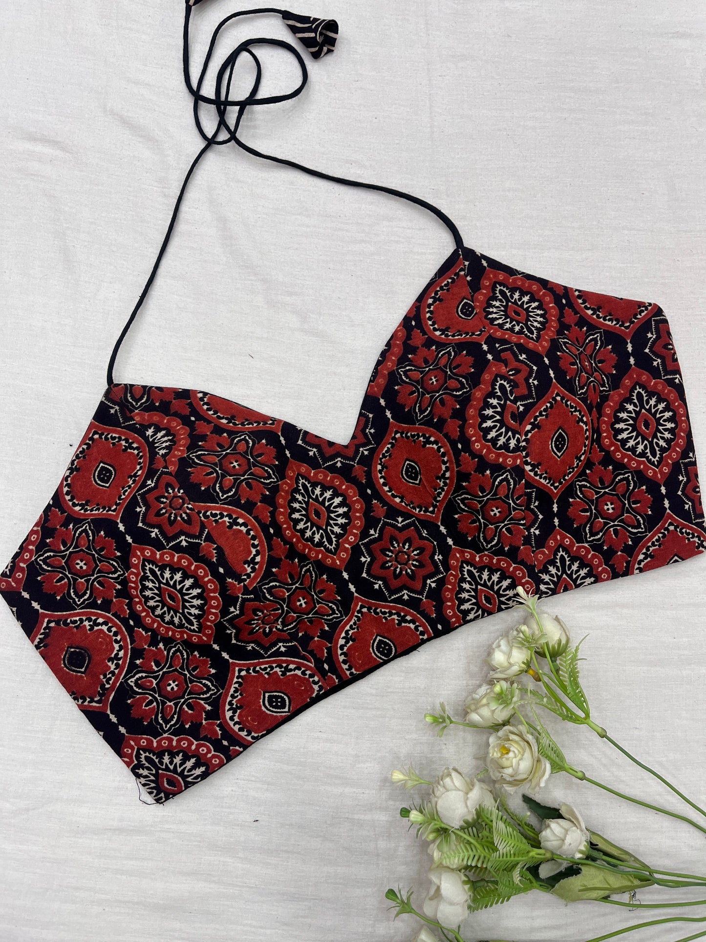 Rusty Black Badam Ajrakh Cotton Saree Blouse Set