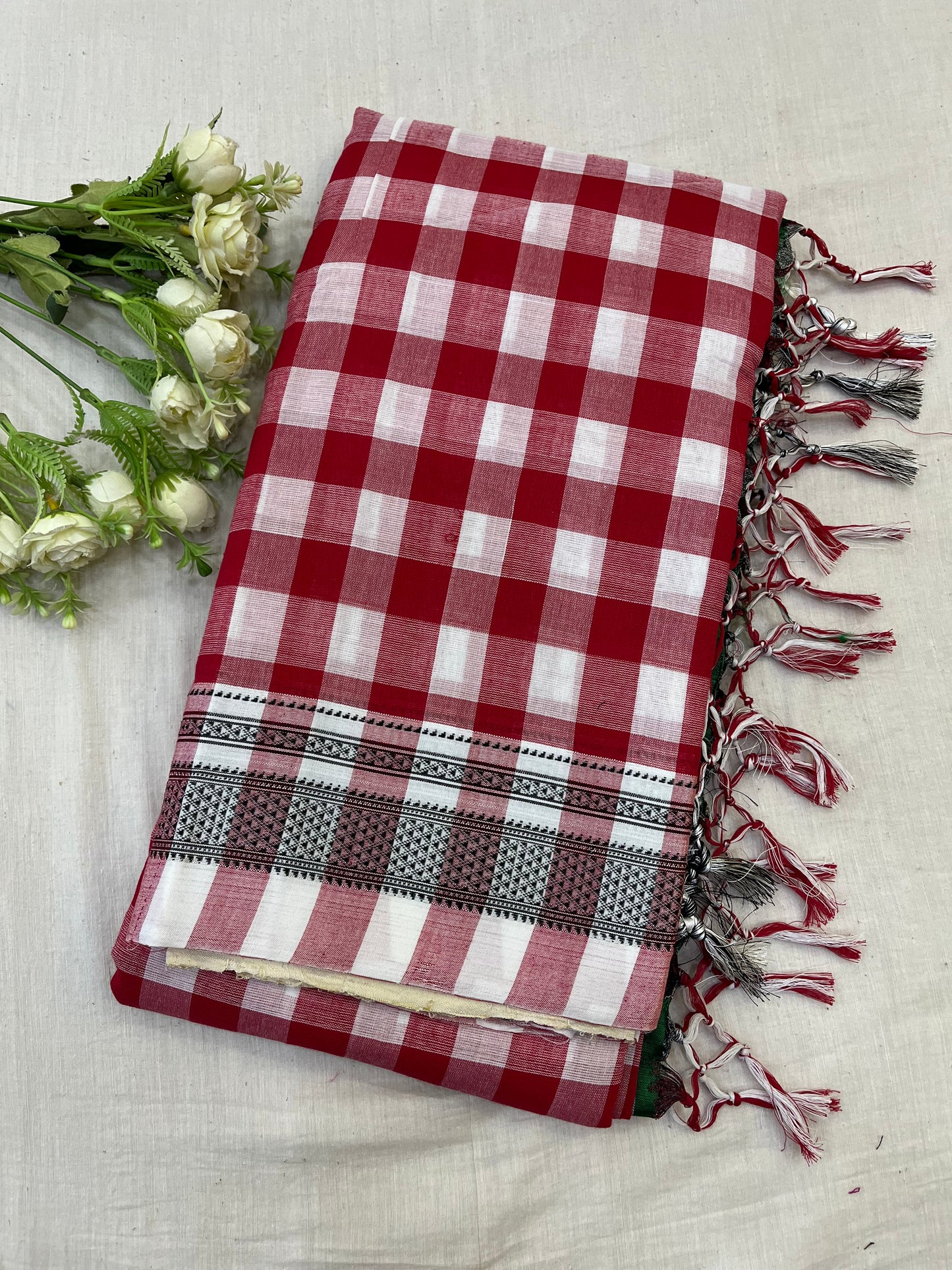 Red White Box Checks Ilkal Saree