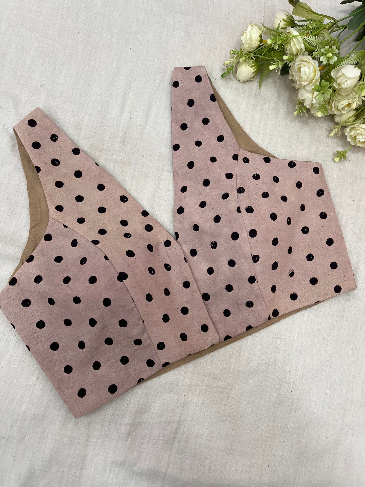 Beige Foam Small Dotted Sleeveless Blouse.