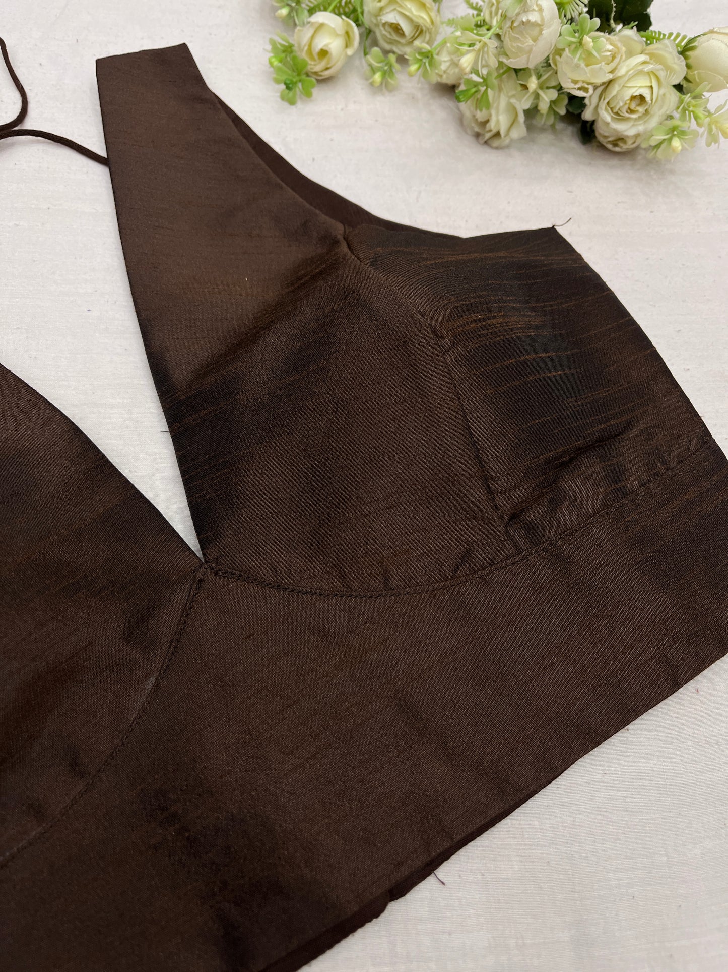 Coffee Cross Belt Raw Silk Blouse