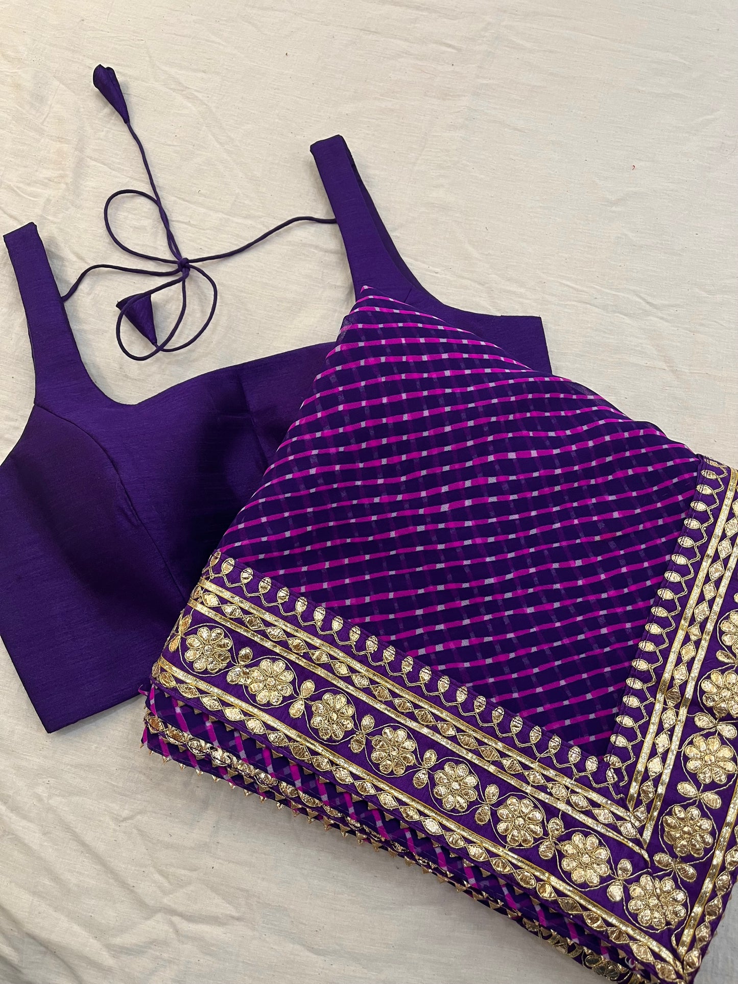 Purple Mothda Lehriya Saree Blouse Combo Set