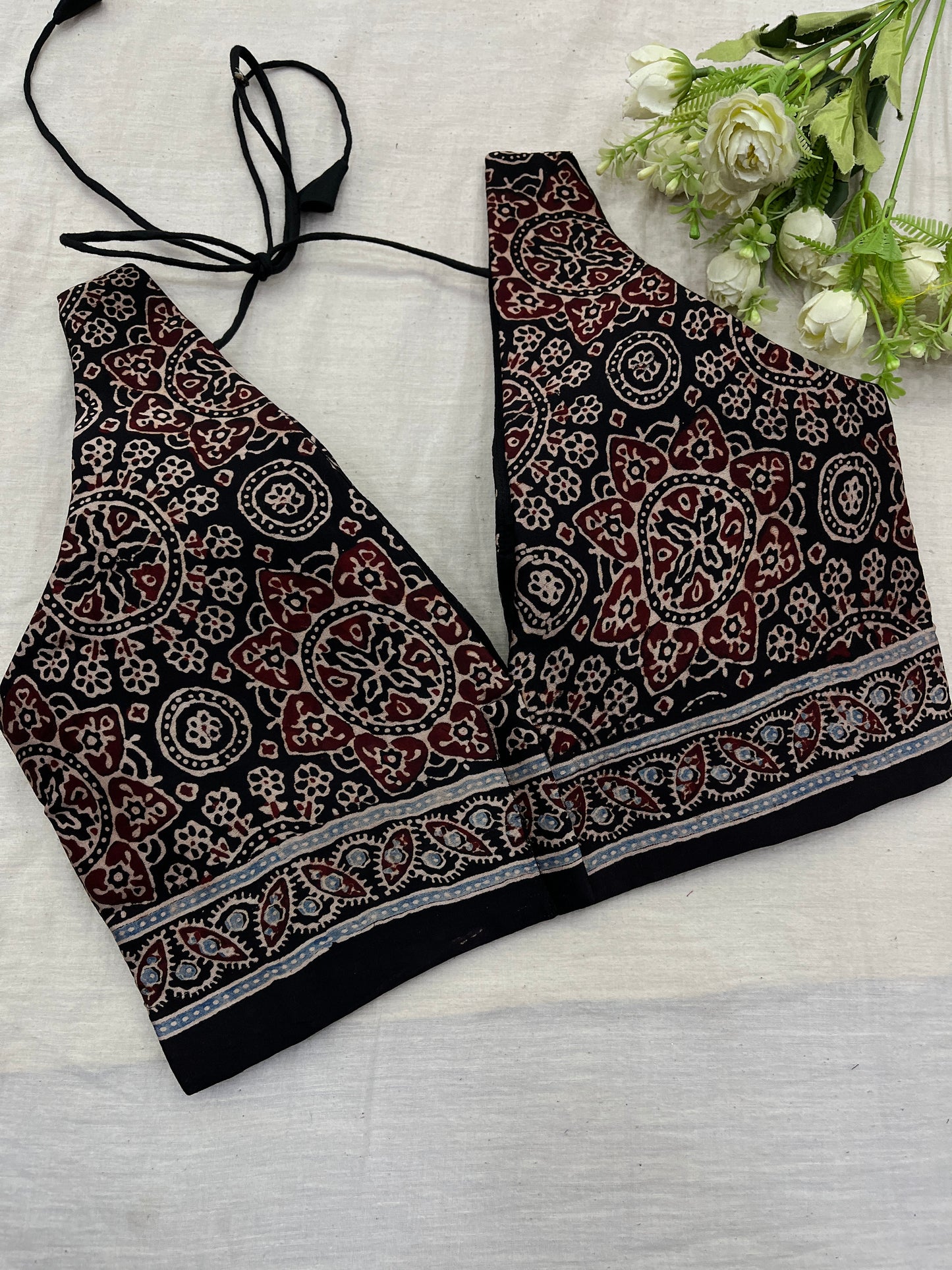 Black Polka Badam Ajrakh Saree Blouse Combo Set.