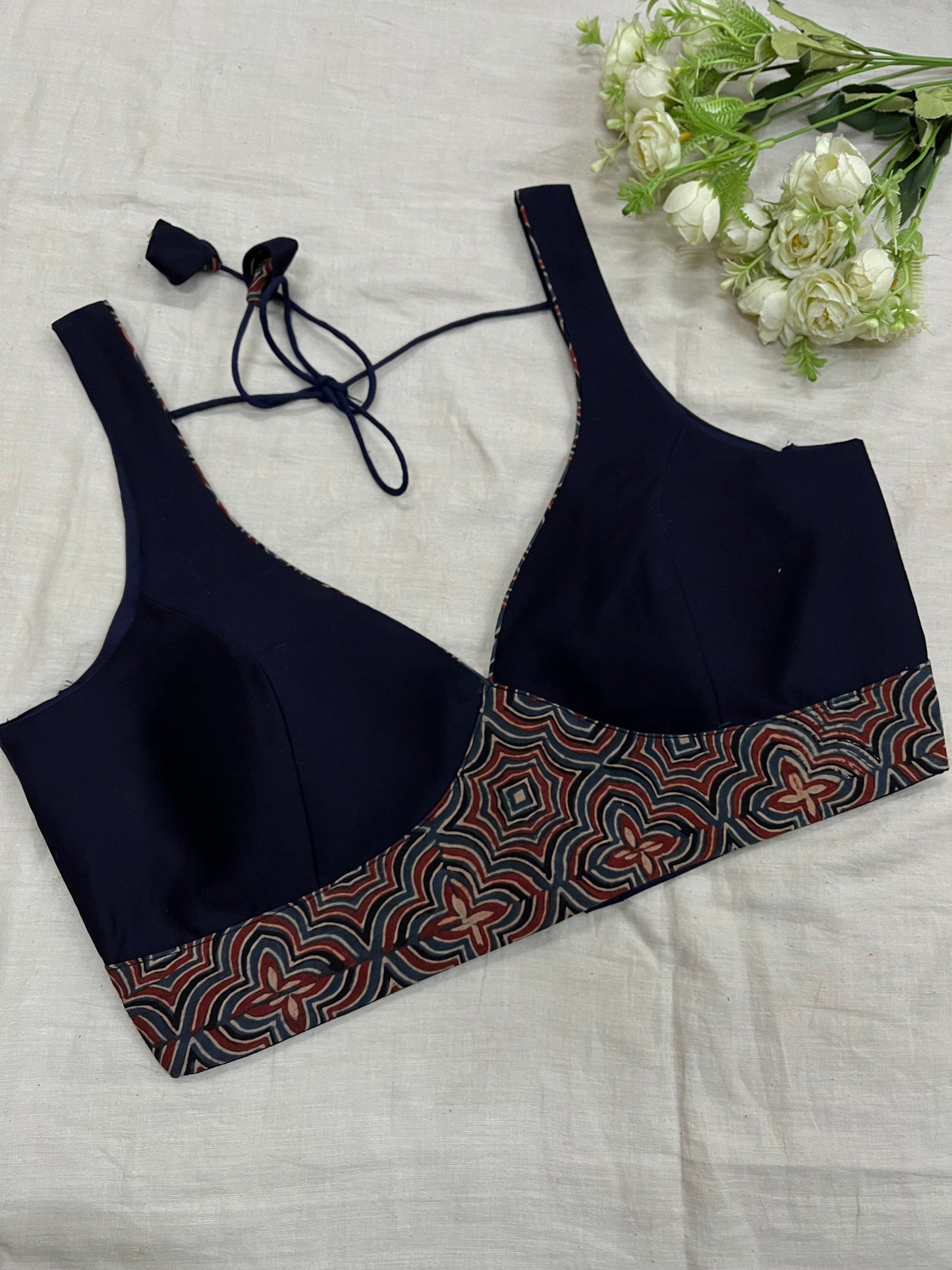 Navy Blue Ajrakh Leaf Neck Sleeveless Blouse