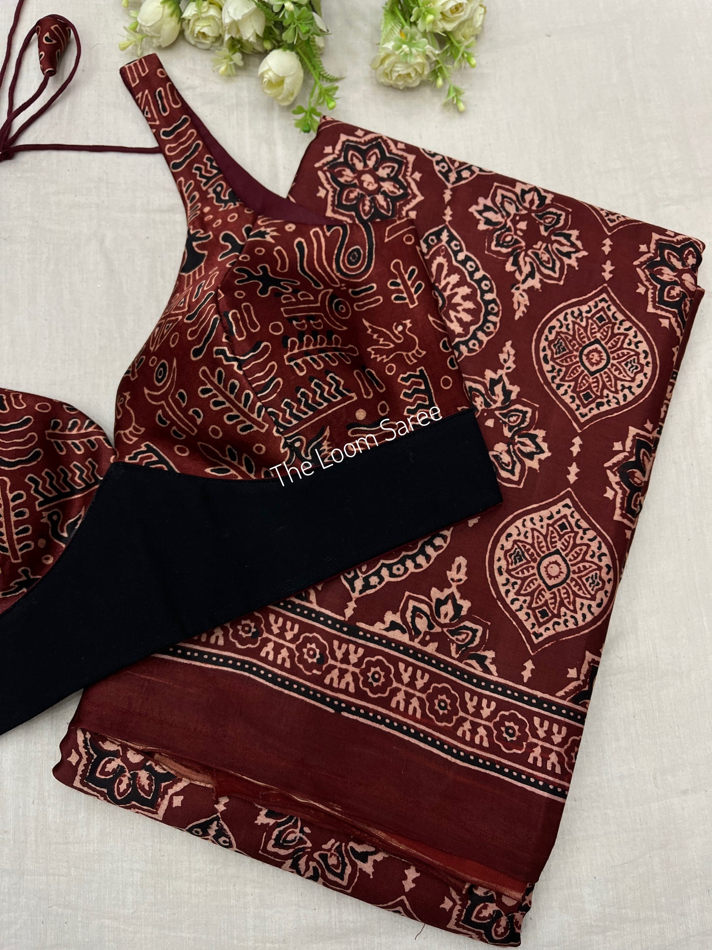 Maroon Glossy Badam Print Ajrakh Saree Blouse Set