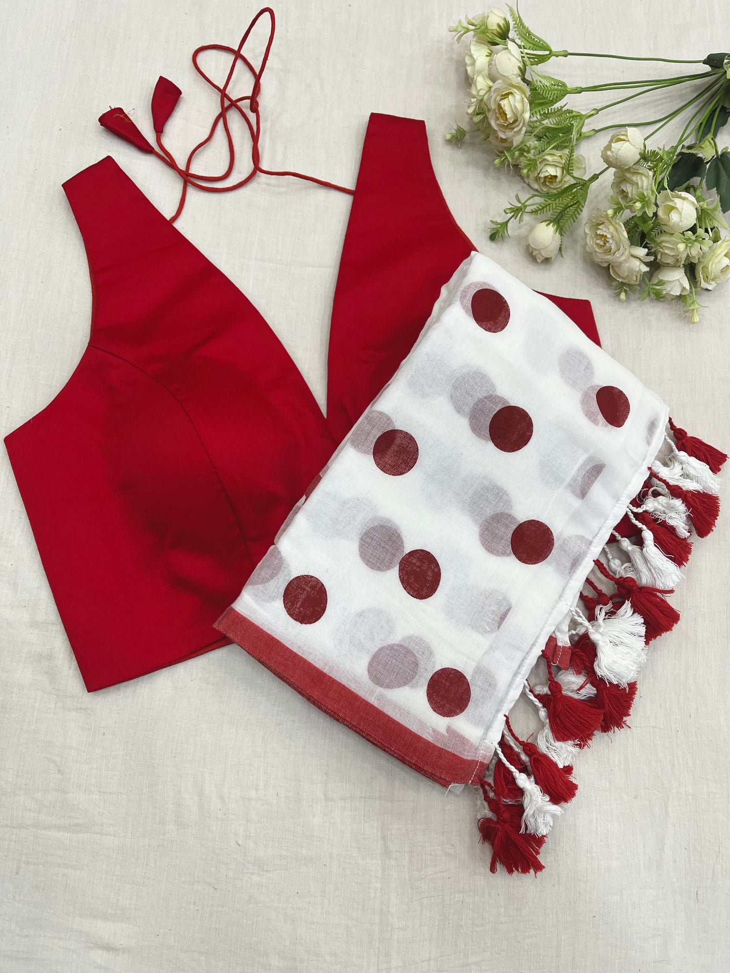 Red White Polka Dot Red V Neck Combo Set