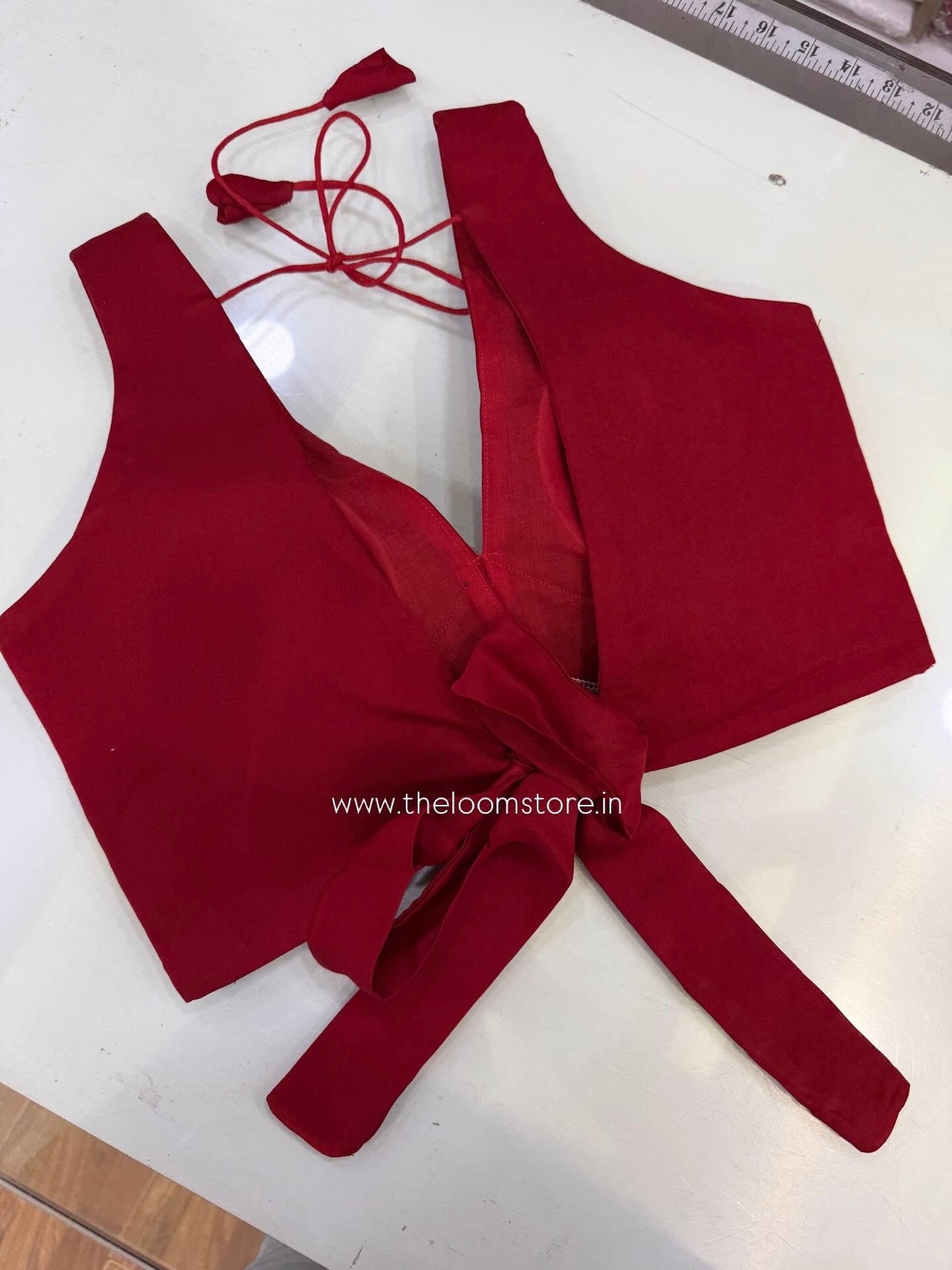 Red Modal Silk Cross Belt Knot Blouse