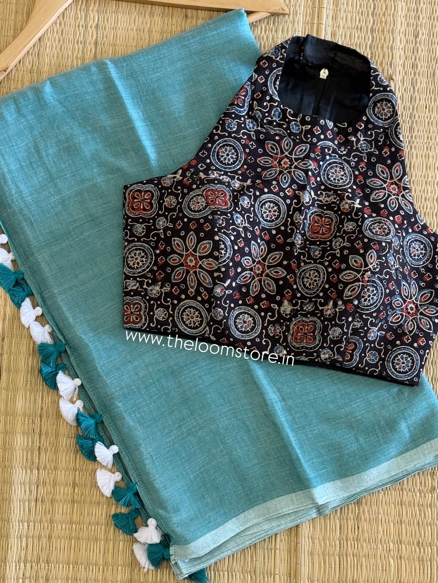 Sea Green Mulmul Saree & Mandala Ajrakh Blouse Set