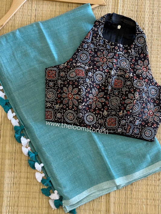 Sea Green Mulmul Saree & Mandala Ajrakh Blouse Set