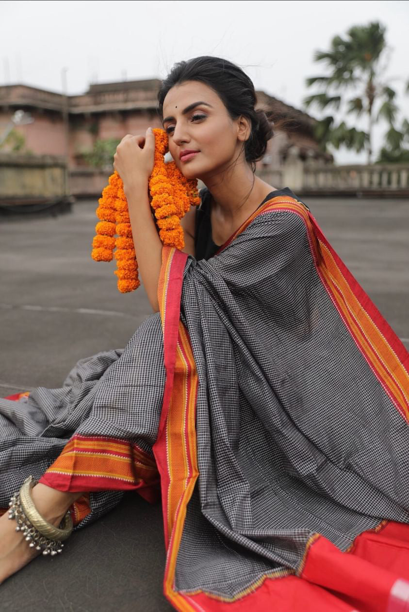 Black Red Ilkal Checks Saree Blouse Co-Ord Set