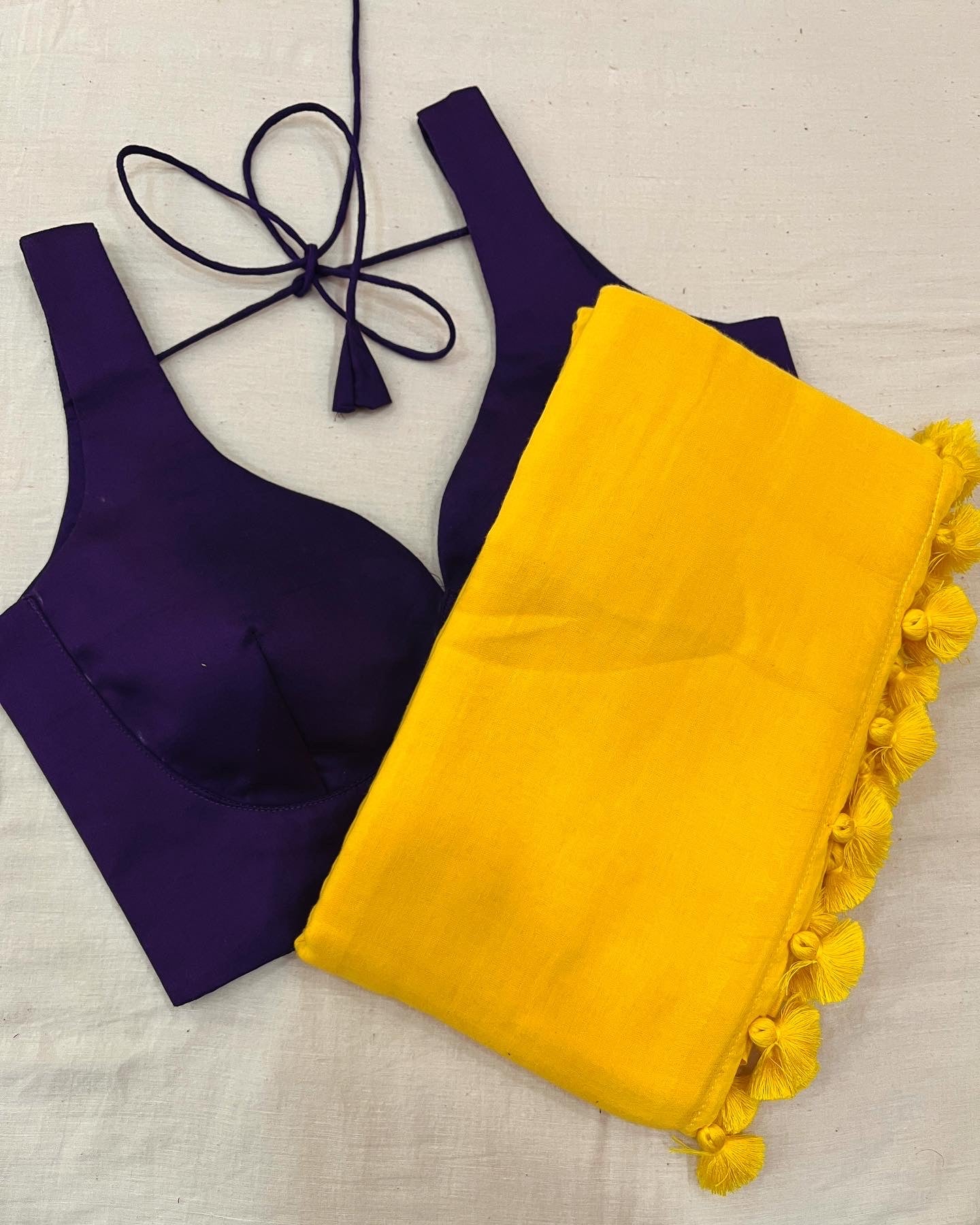 Yellow Purple Solid Saree Blouse Set