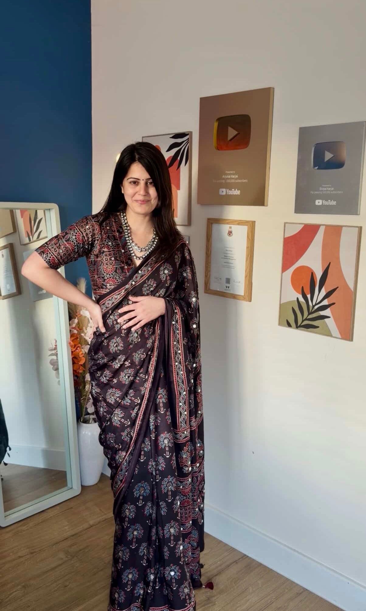 Black Tree Mirror Ajrakh Modal Silk Saree (Pre Order - Dispatch Starts 5th May 2026)