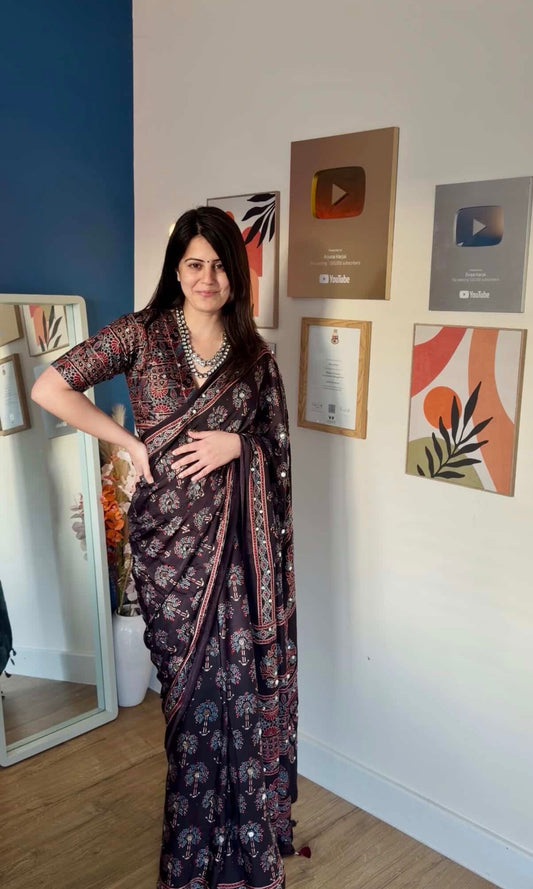 Black Tree Mirror Ajrakh Modal Silk Saree (Pre Order - Dispatch Starts 25th June 2026)