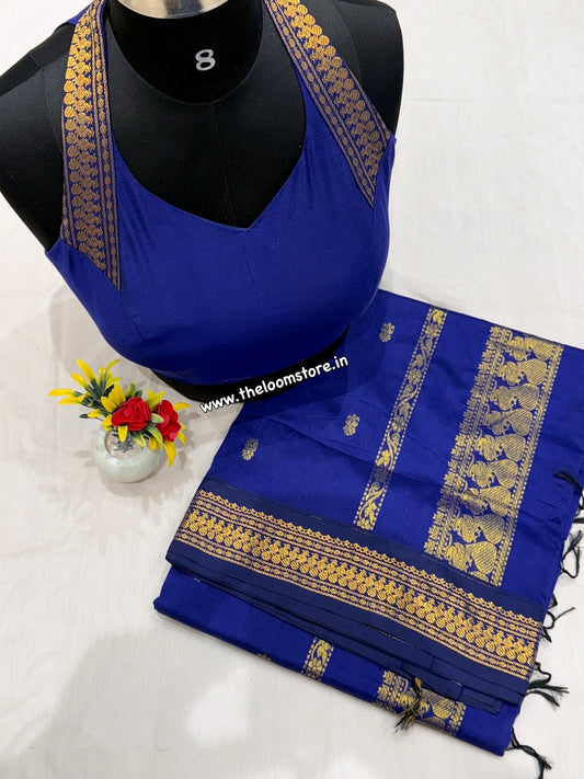 Blue Gadwal Cotton Saree Blouse Set