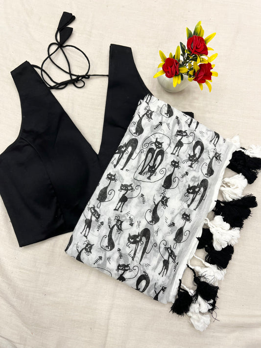 White Black Cat Print Saree With Black V Neck Blouse Combo Set