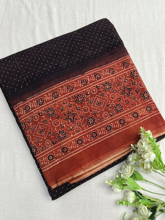 Black Dotted Ajrakh Border Cotton Fabric