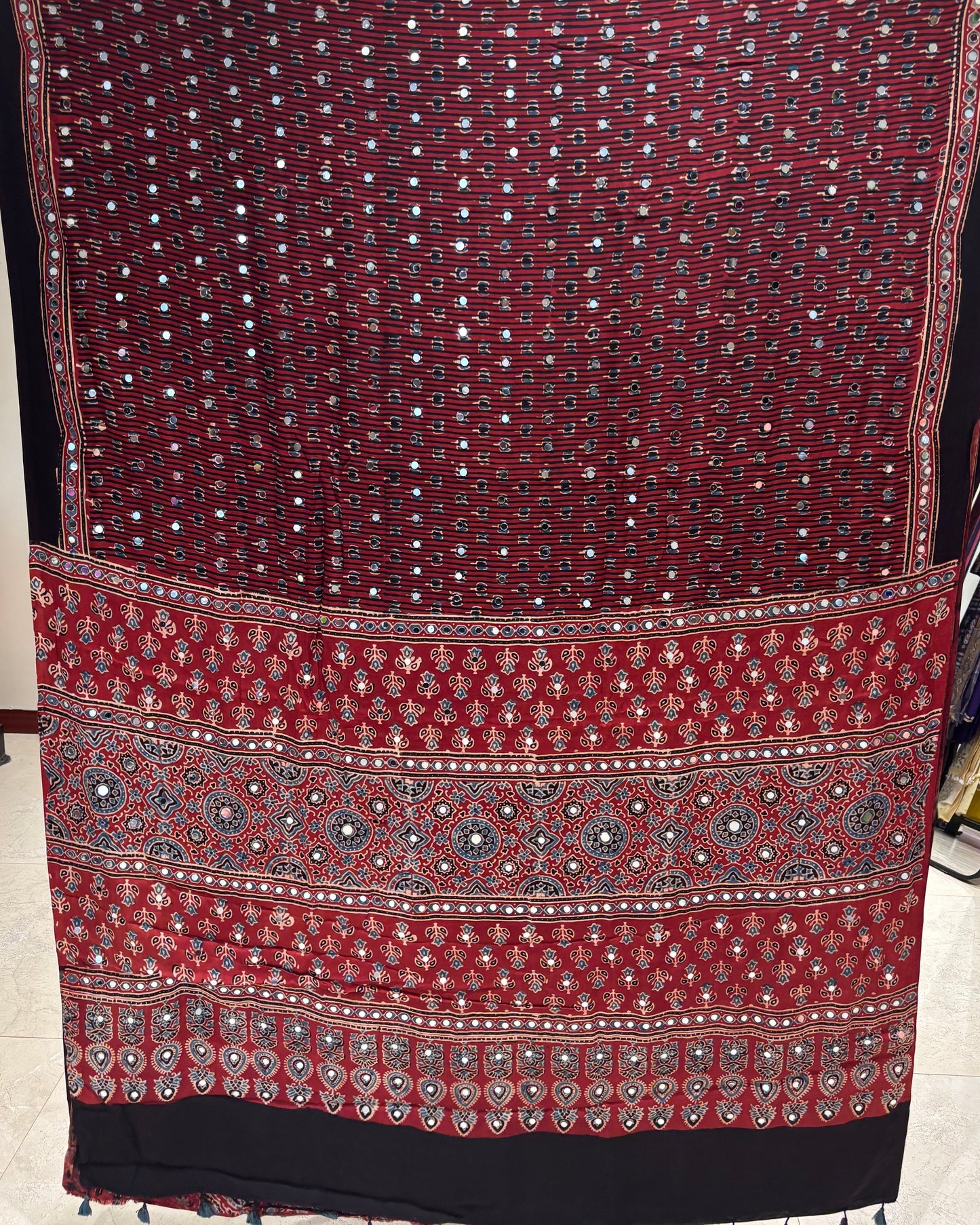 Maroon lotus stripes Ajrakh Mirror Saree (Pre-order Dispatch Starts 15th Aug 2026)