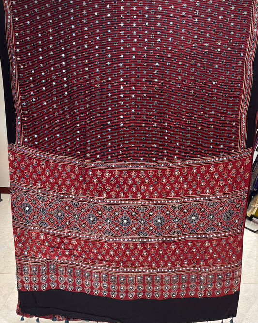 Maroon lotus stripes Ajrakh Mirror Saree (Pre-order Dispatch Starts 15th Aug 2026)