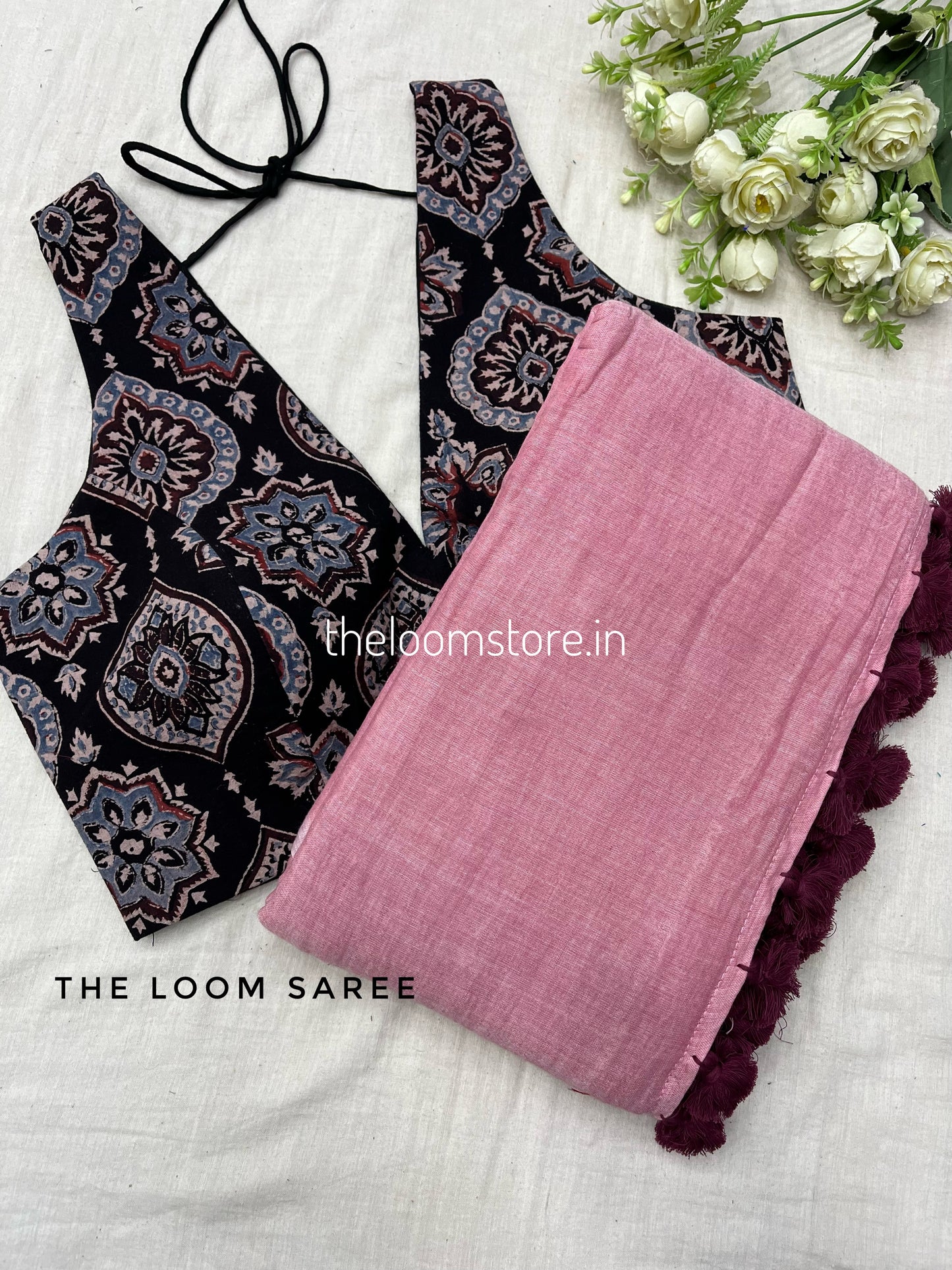 Pyaza Black Maroon Ajrakh Saree Blouse Combo Set.