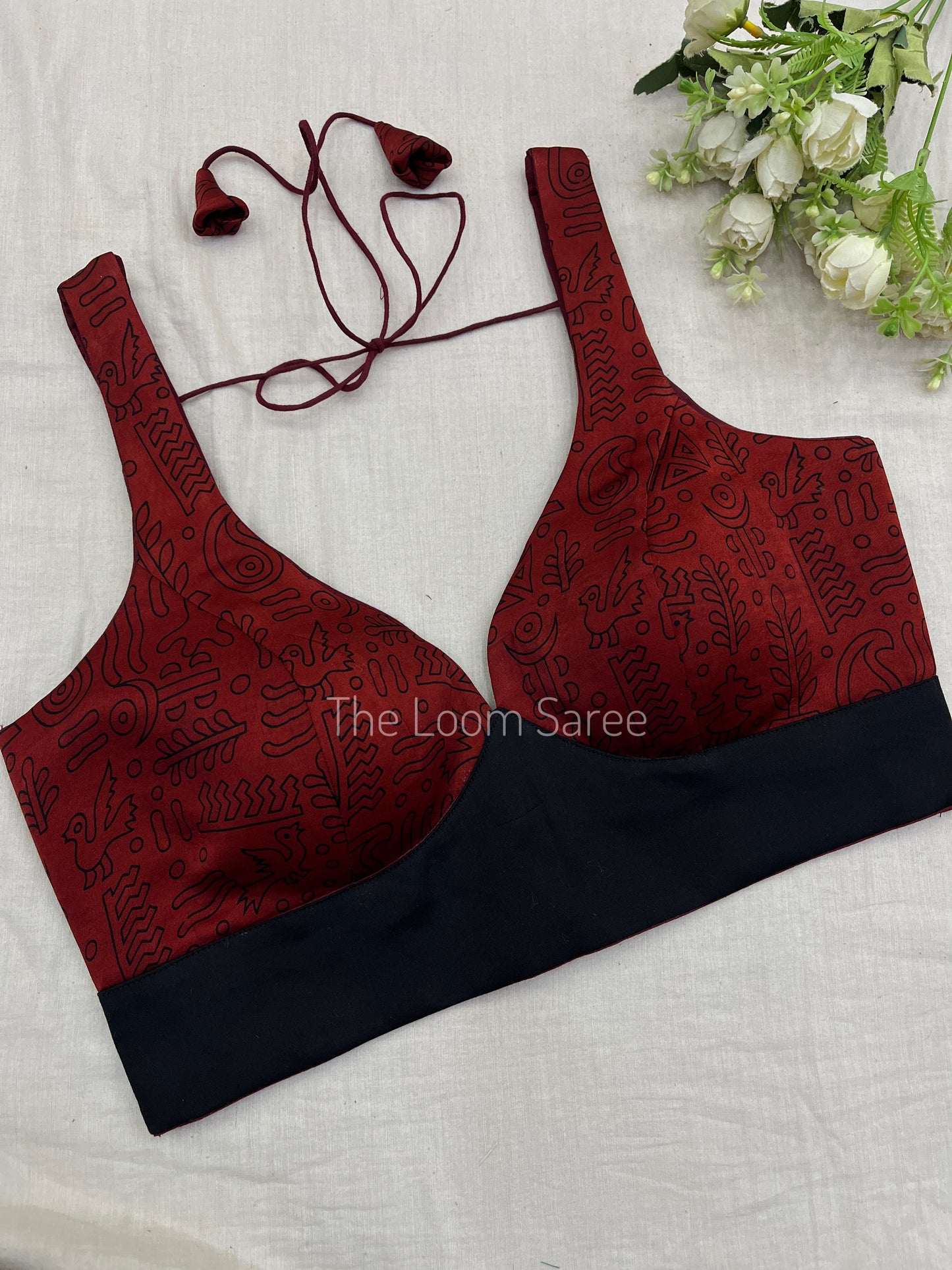 Bloody Red Abstract Ajrakh Saree Blouse Set