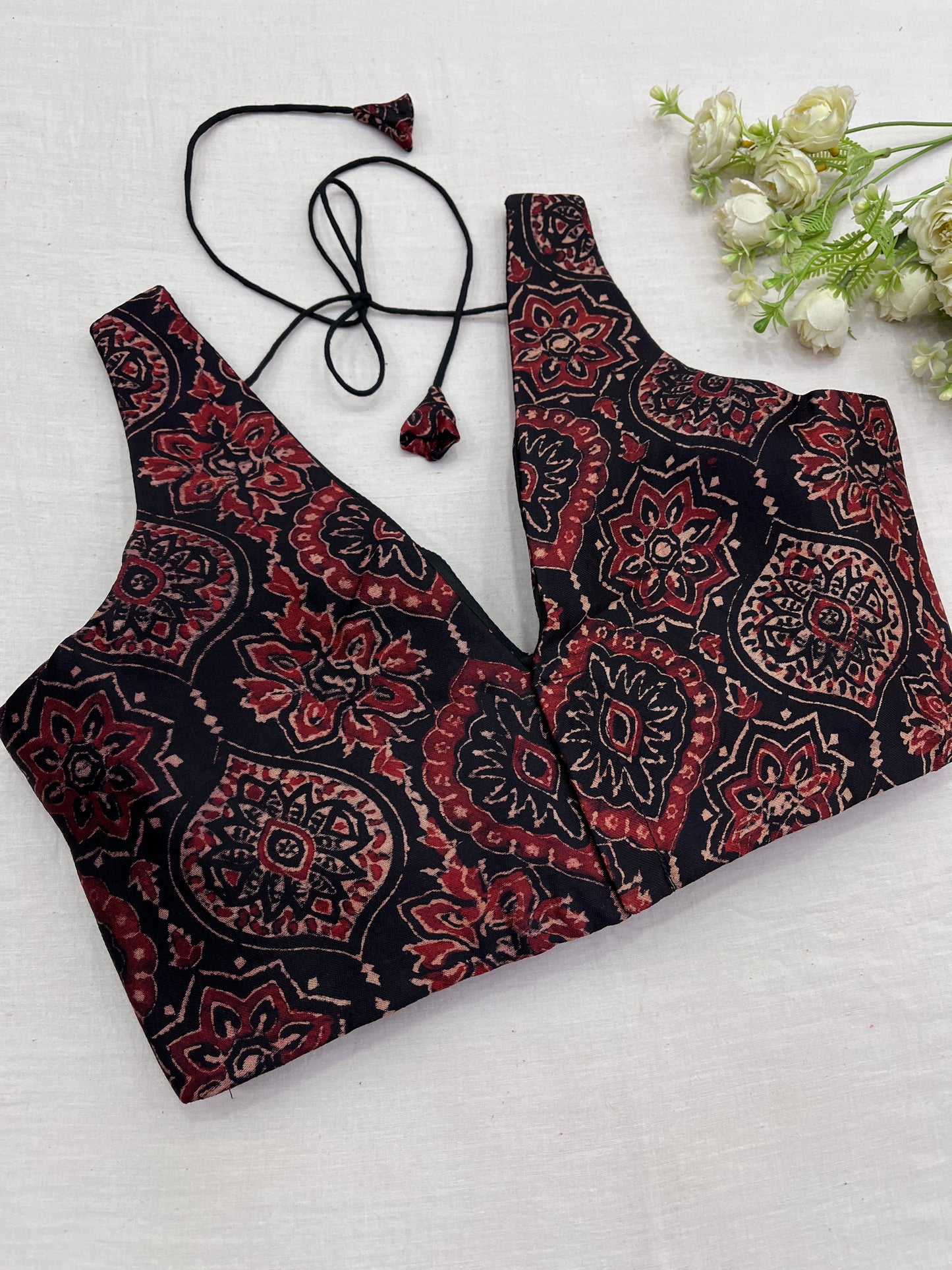 Coffee Black Ajrakh Modal Silk Sleeveless Blouse