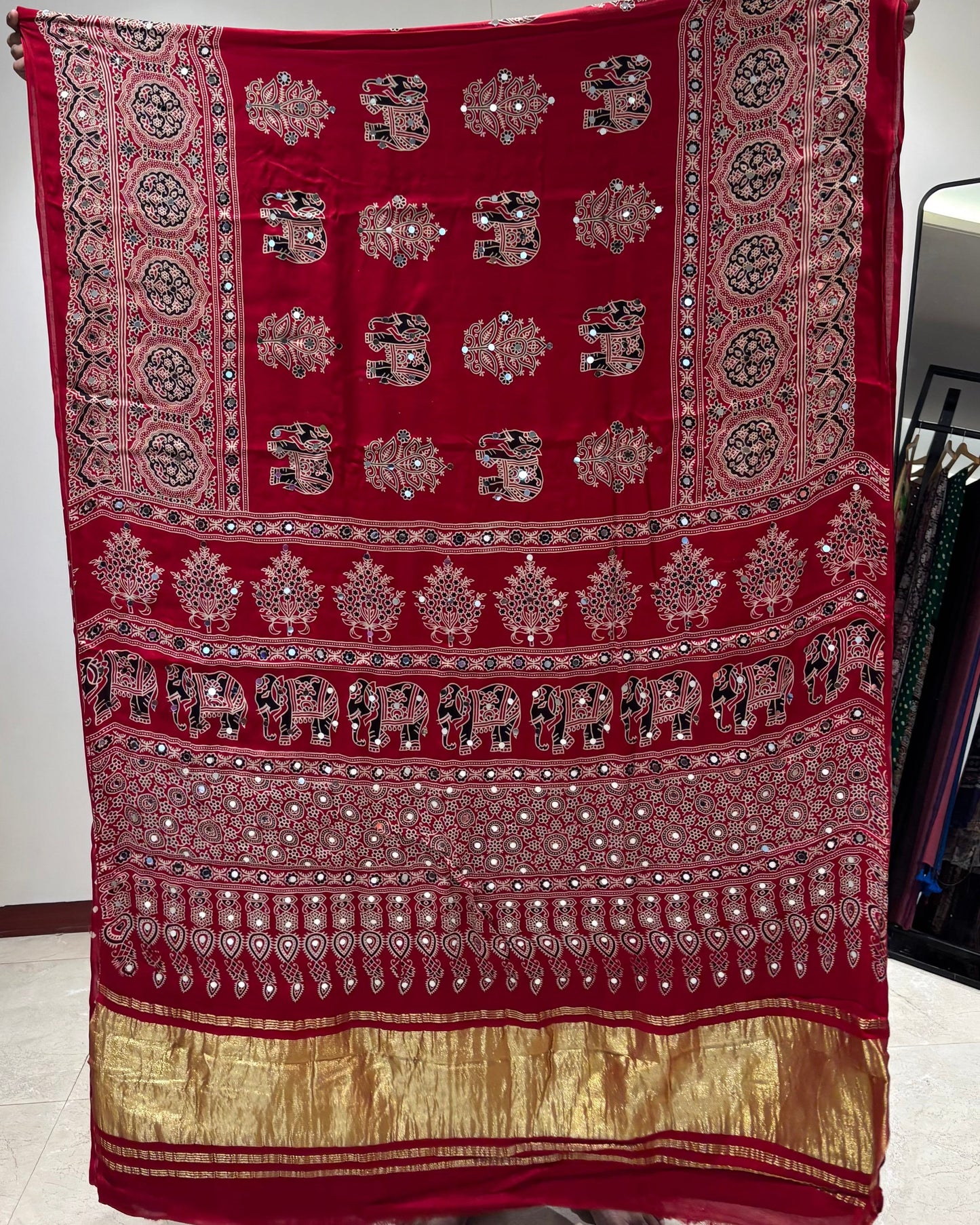 Red Elephant Ajrakh Mirror saree (Pre-order Dispatch Starts 15th Aug 2026)