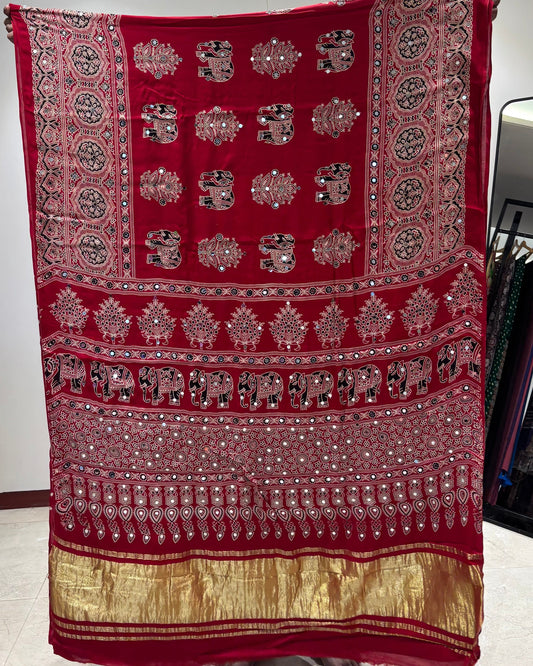 Red Elephant Ajrakh Mirror saree (Pre-order Dispatch Starts 15th Aug 2026)