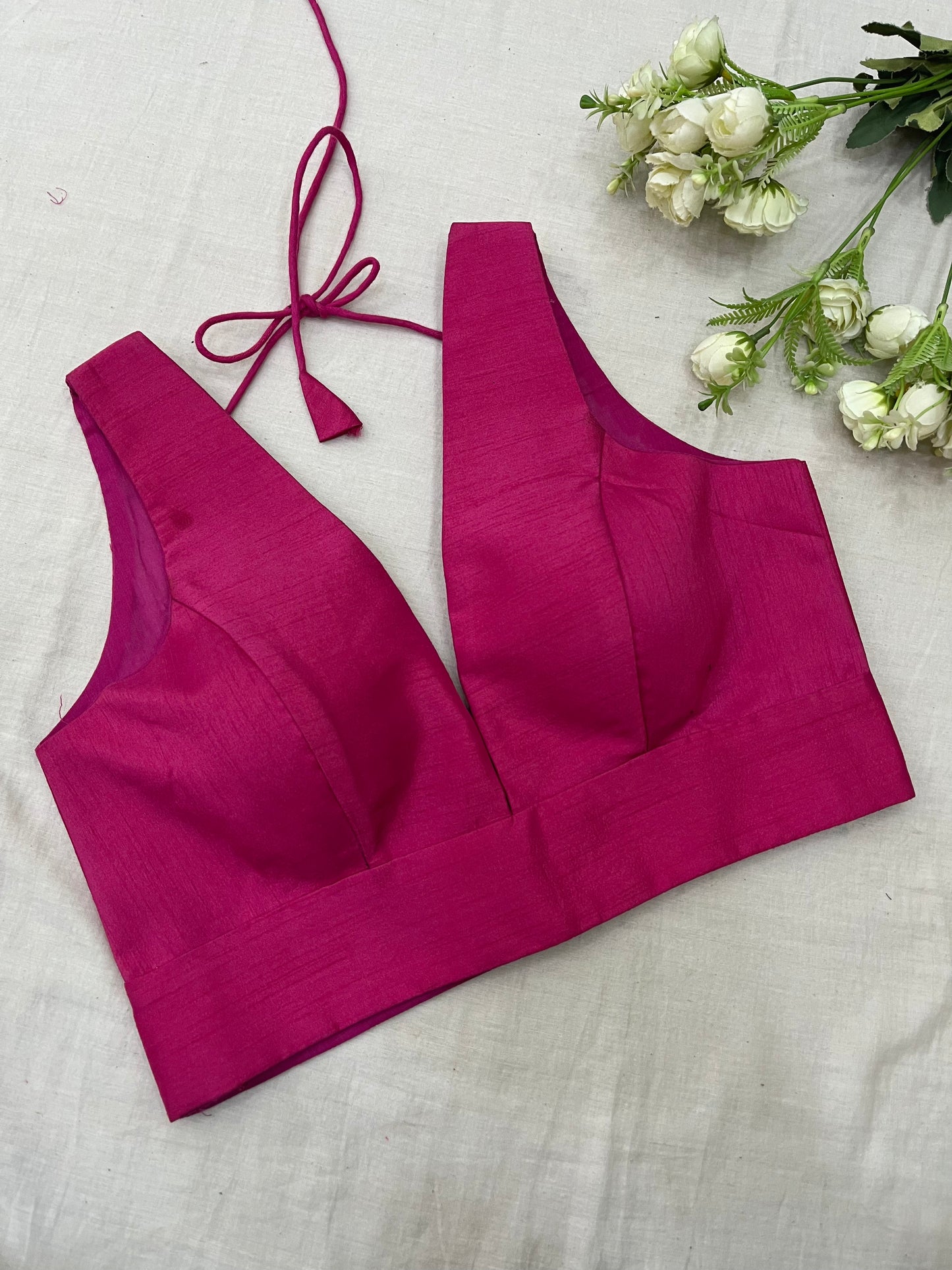 Pink V Neck Belt Sleeveless Blouse (Deep Neck)