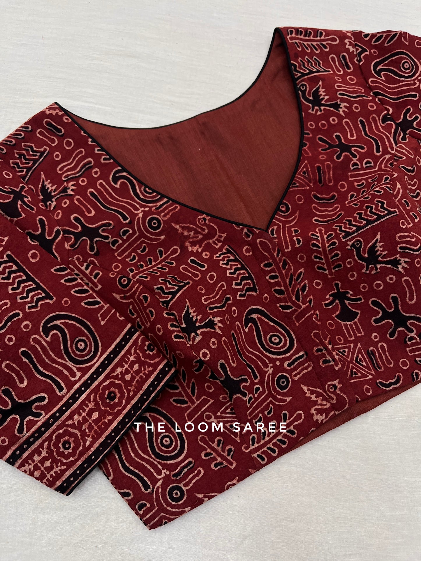 Red Cotton Badam Ajrakh Block Print Saree Blouse Set.