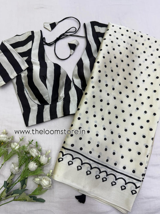 Dotted Stripe Ajrakh Modal Silk Saree Blouse Set