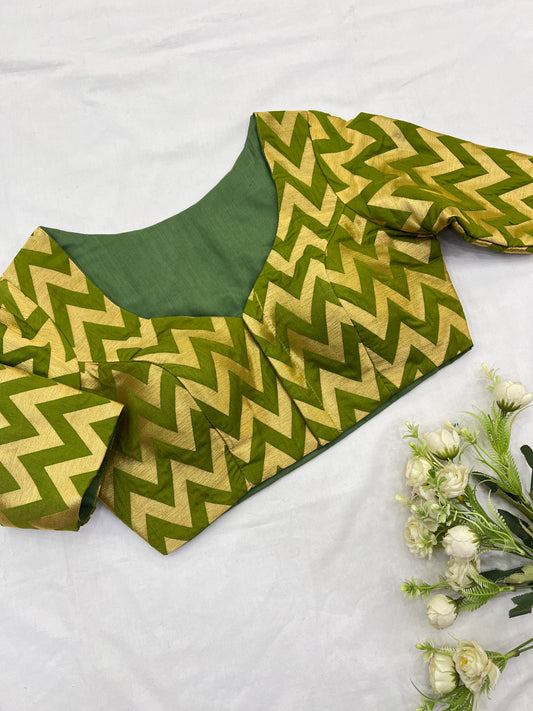 Green Zari Banarasi Elbow Sleeves Blouse