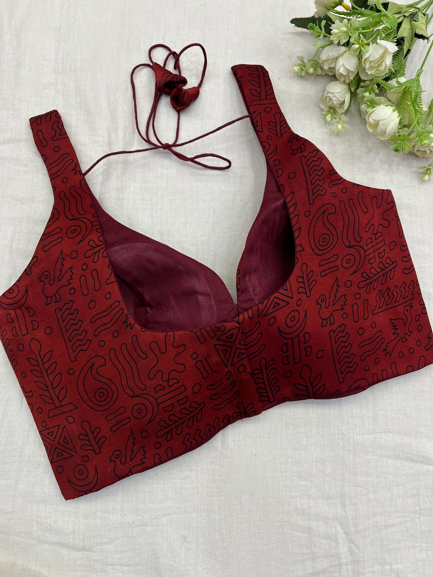 Bloody Red Abstract Ajrakh Saree Blouse Set