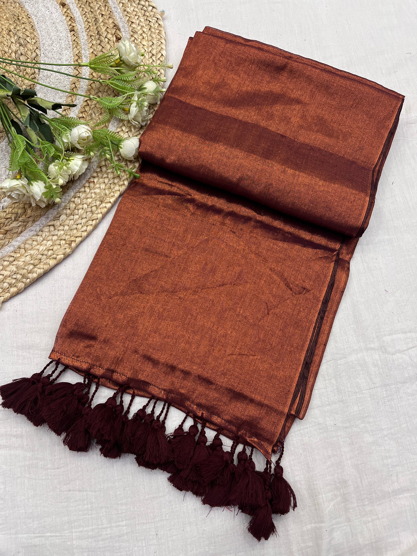 Kappi Copper Tissue Mulmul Saree