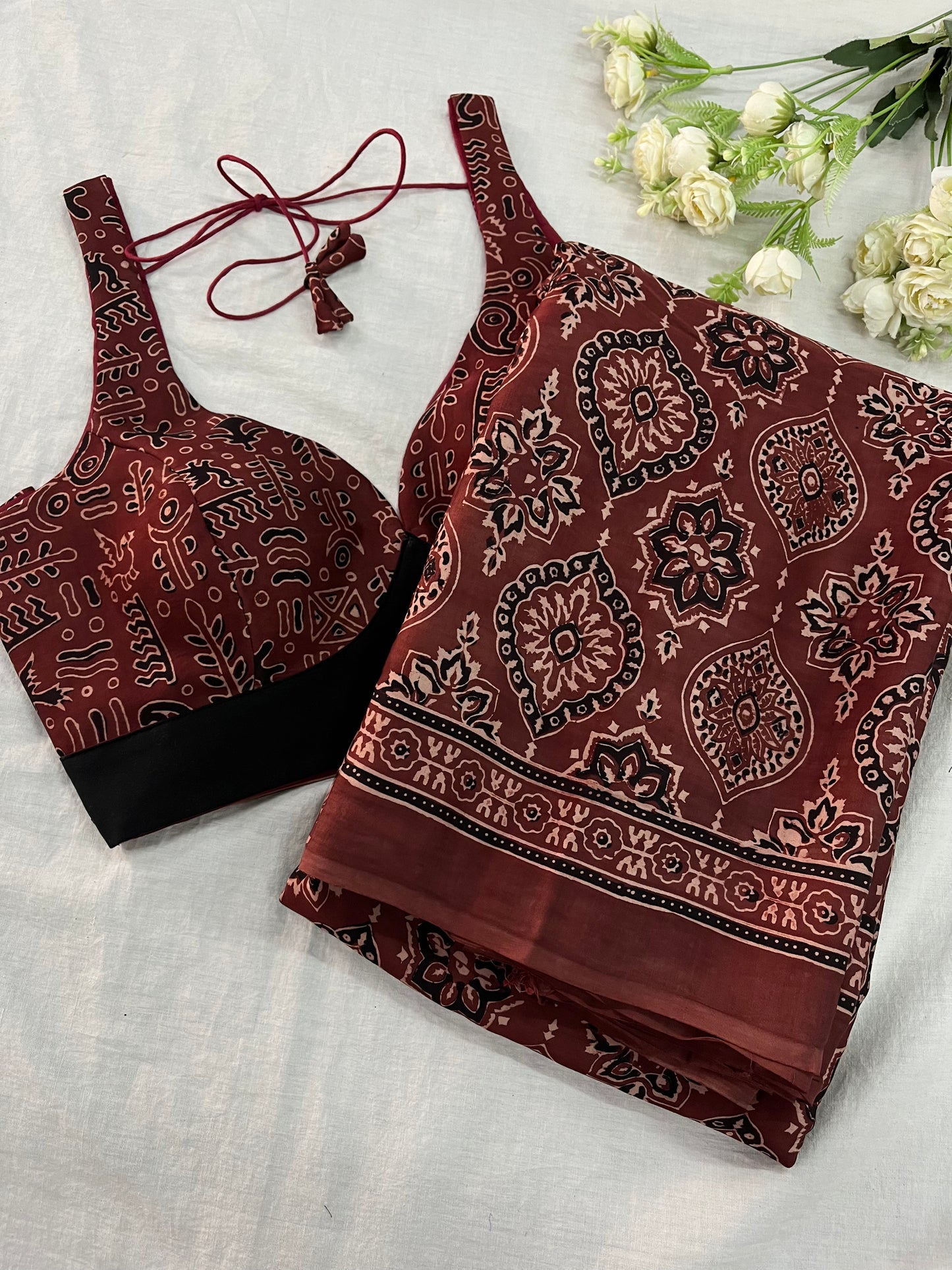 Matte Brown Badam Block Ajrakh Print Modal Silk Saree Blouse Combo Set