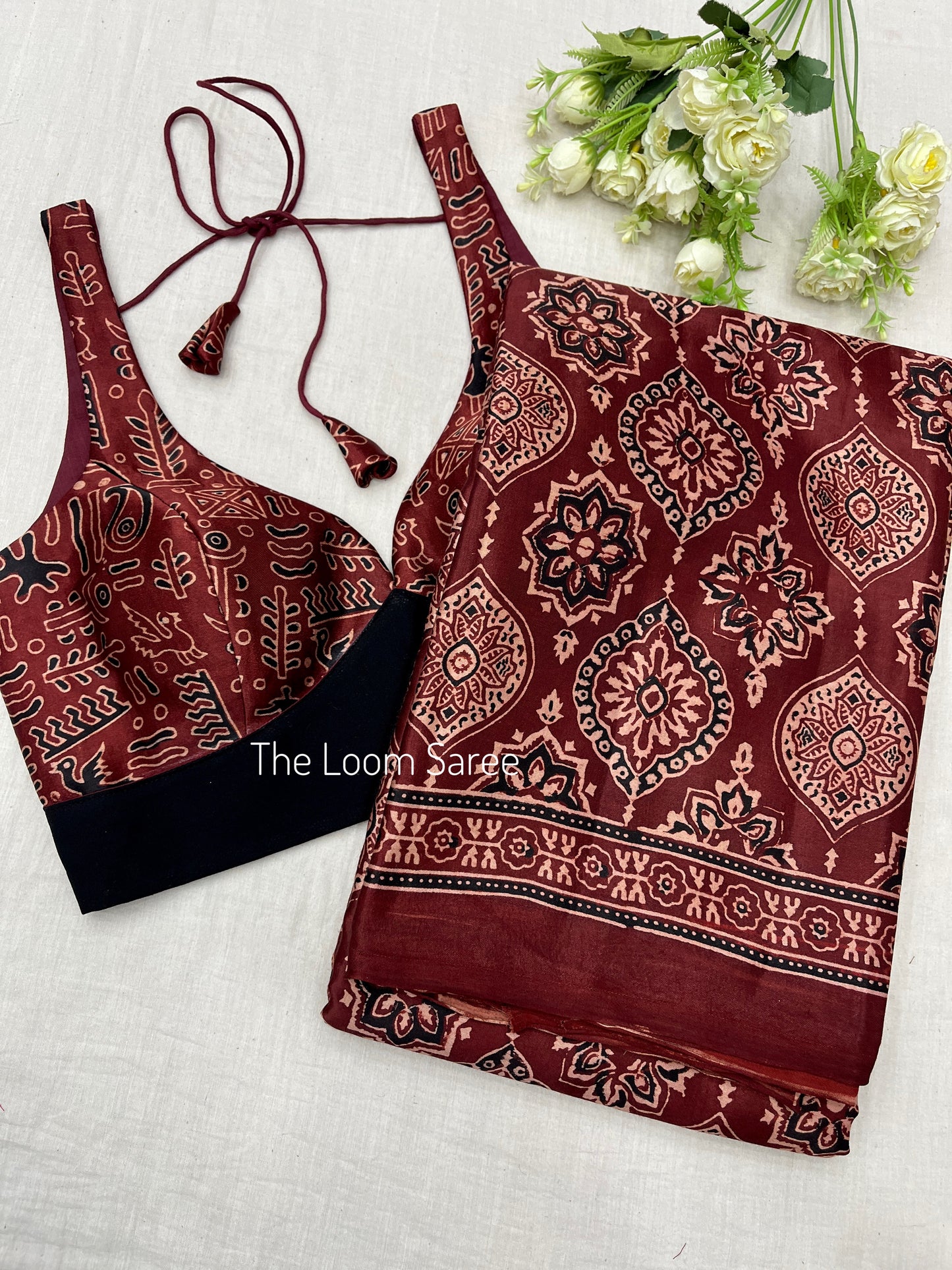 Maroon Glossy Badam Print Ajrakh Saree Blouse Set