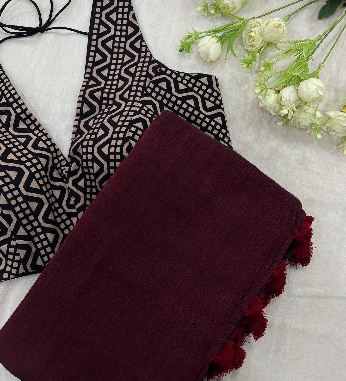 Maroon Saree With Black Dune Ajrakh Blouse Combo Set