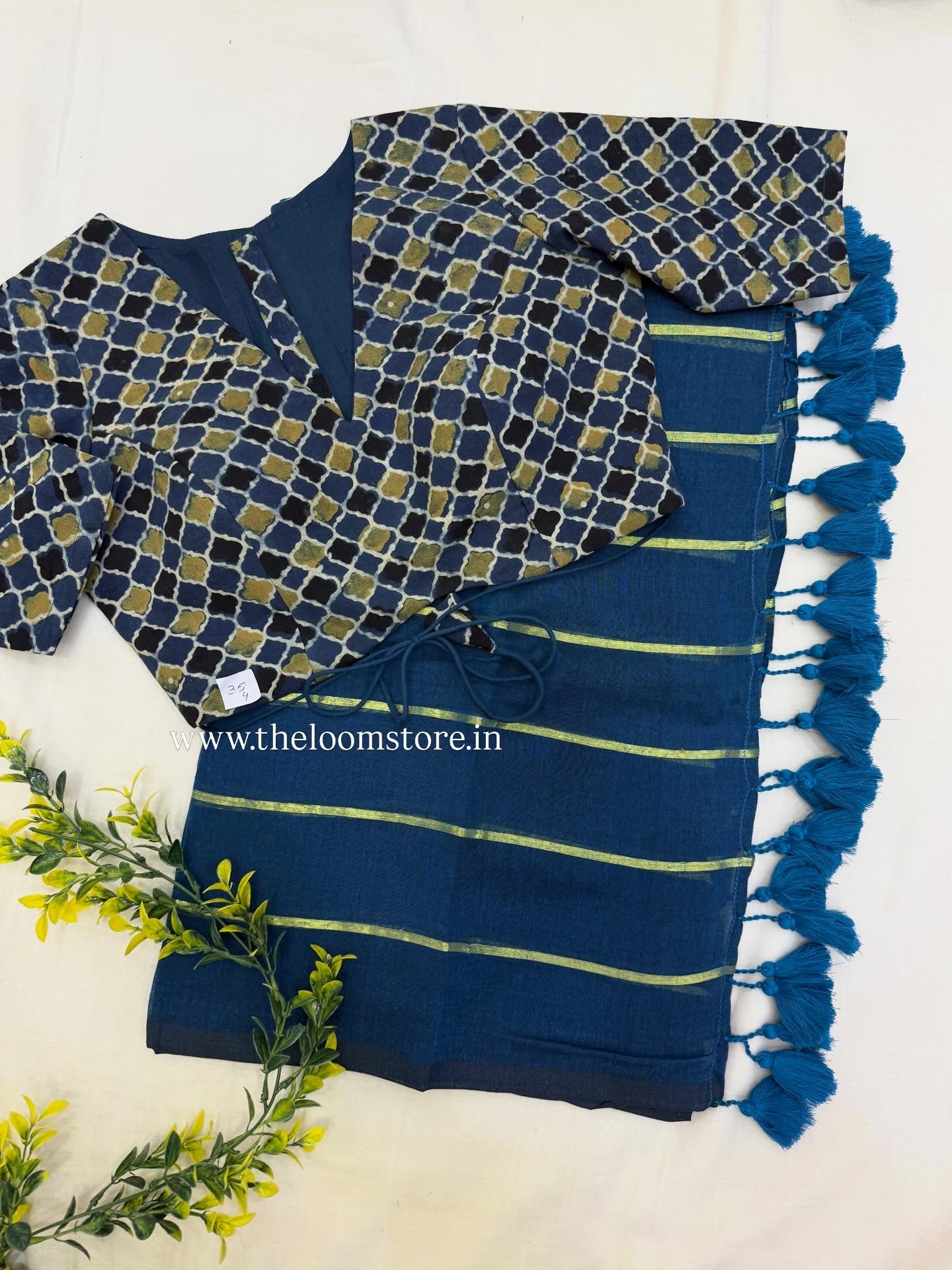 Teal Mulmul Saree Ajrakh Blouse Combo Set