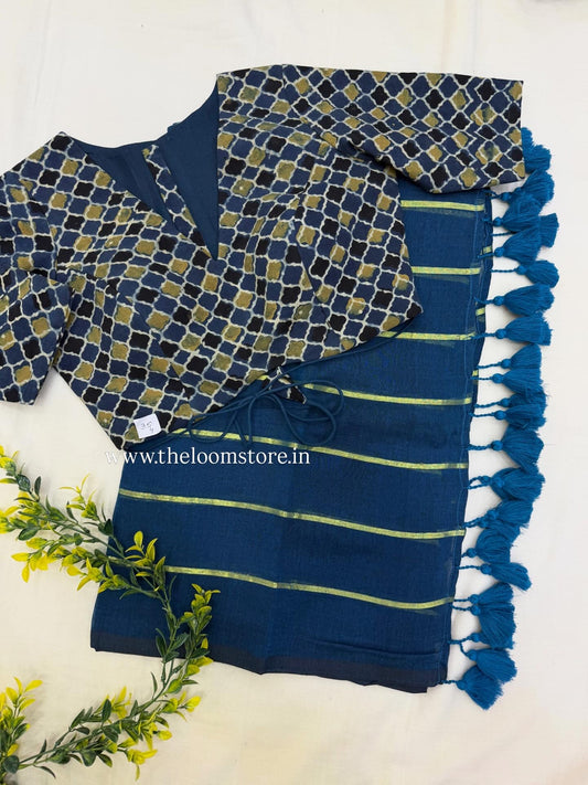 Teal Mulmul Saree Ajrakh Blouse Combo Set