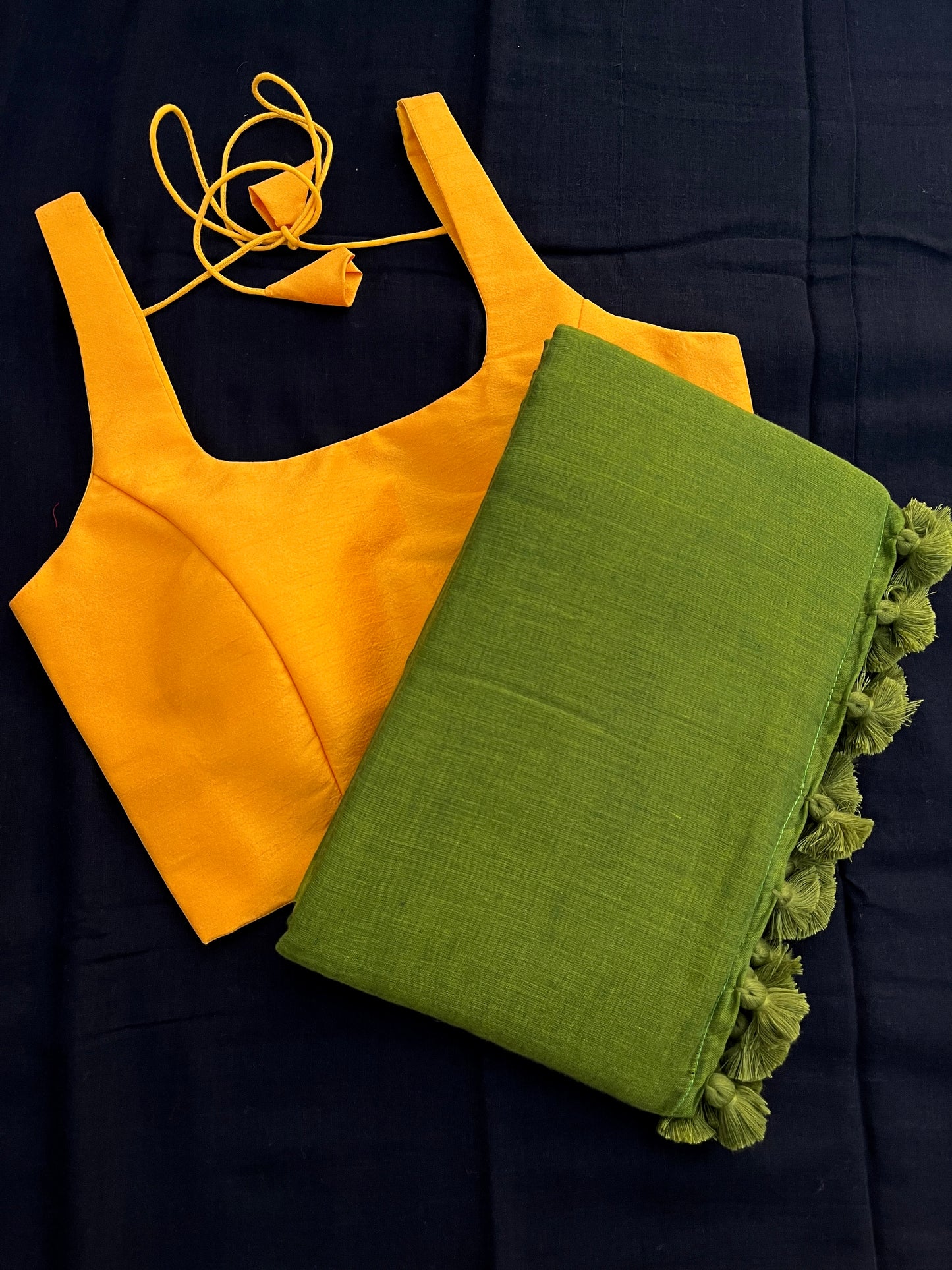 Yellow Olive Saree Blouse Combo Set