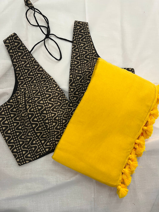 Yellow Mulmul & Sand Dune Saree Blouse Combo Set