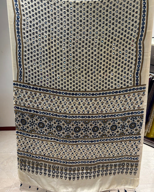 Cream Lotus Ajrakh Mirror Saree (Pre-order Dispatch Starts 15th Aug 2026)