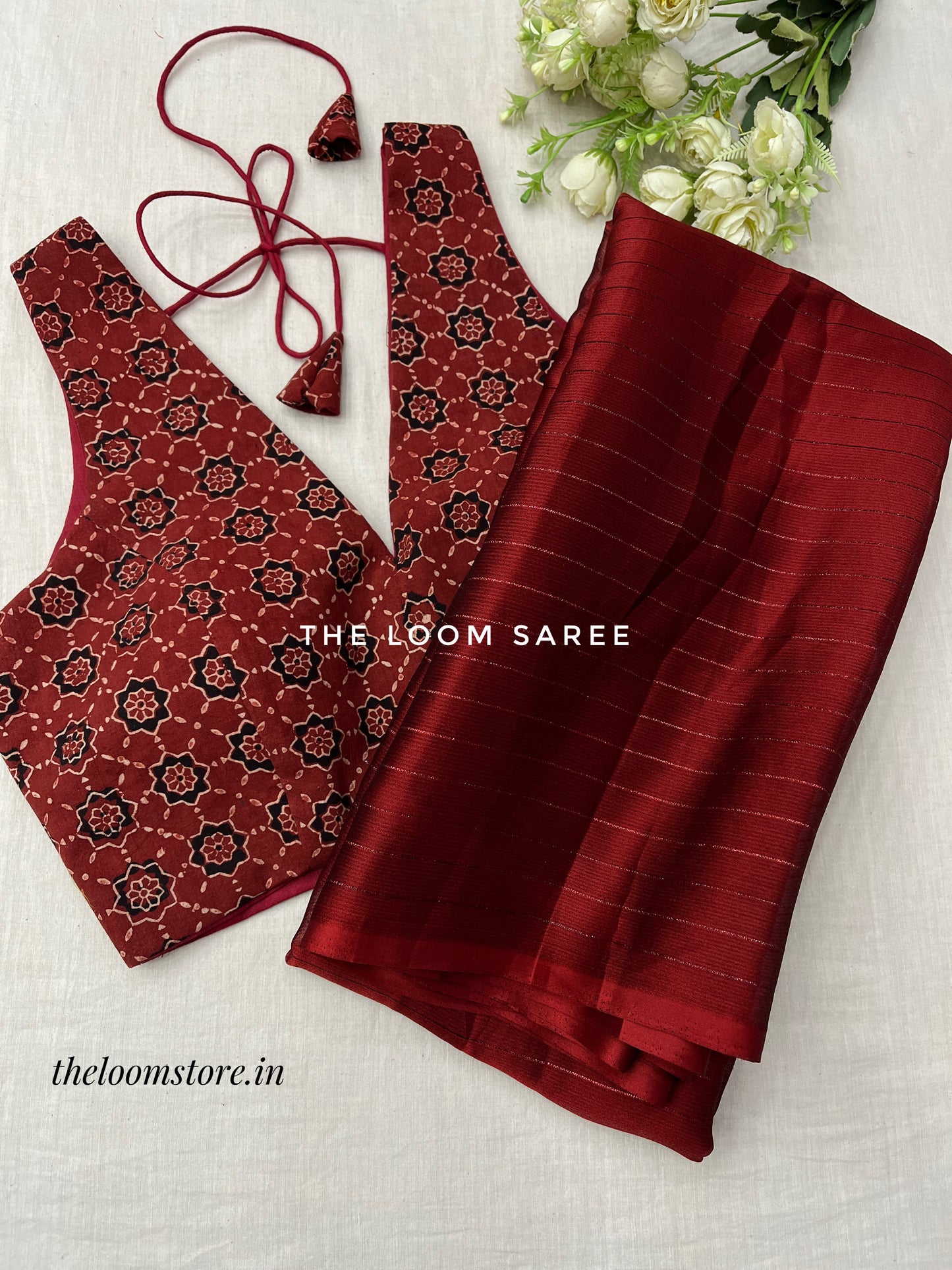 Maroon Chinnon Saree - Rust Ajrakh Blouse Combo Set