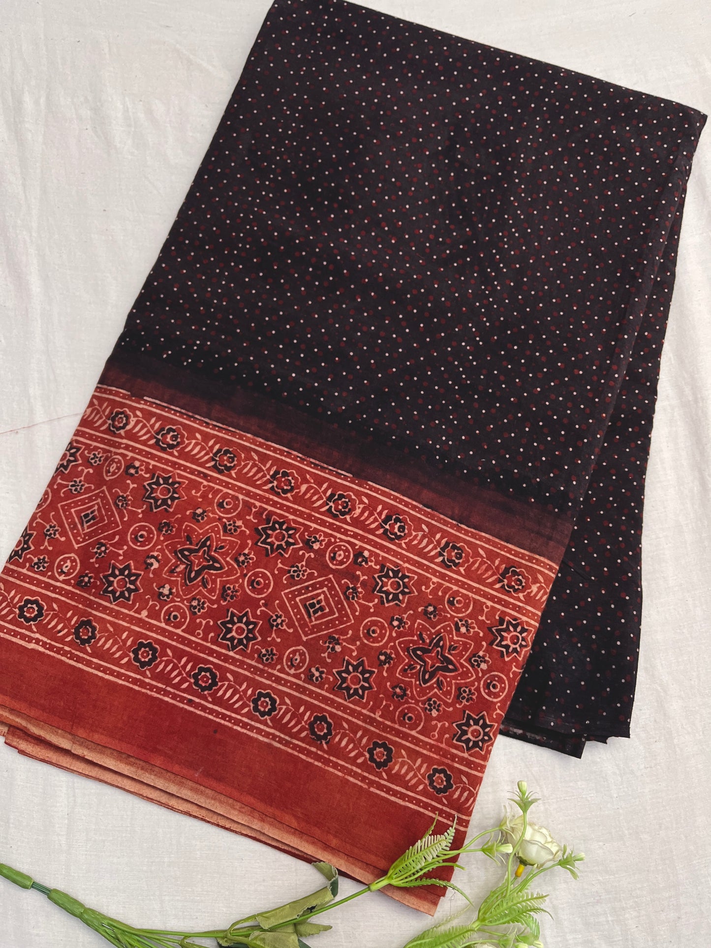 Black Dotted Ajrakh Border Cotton Fabric