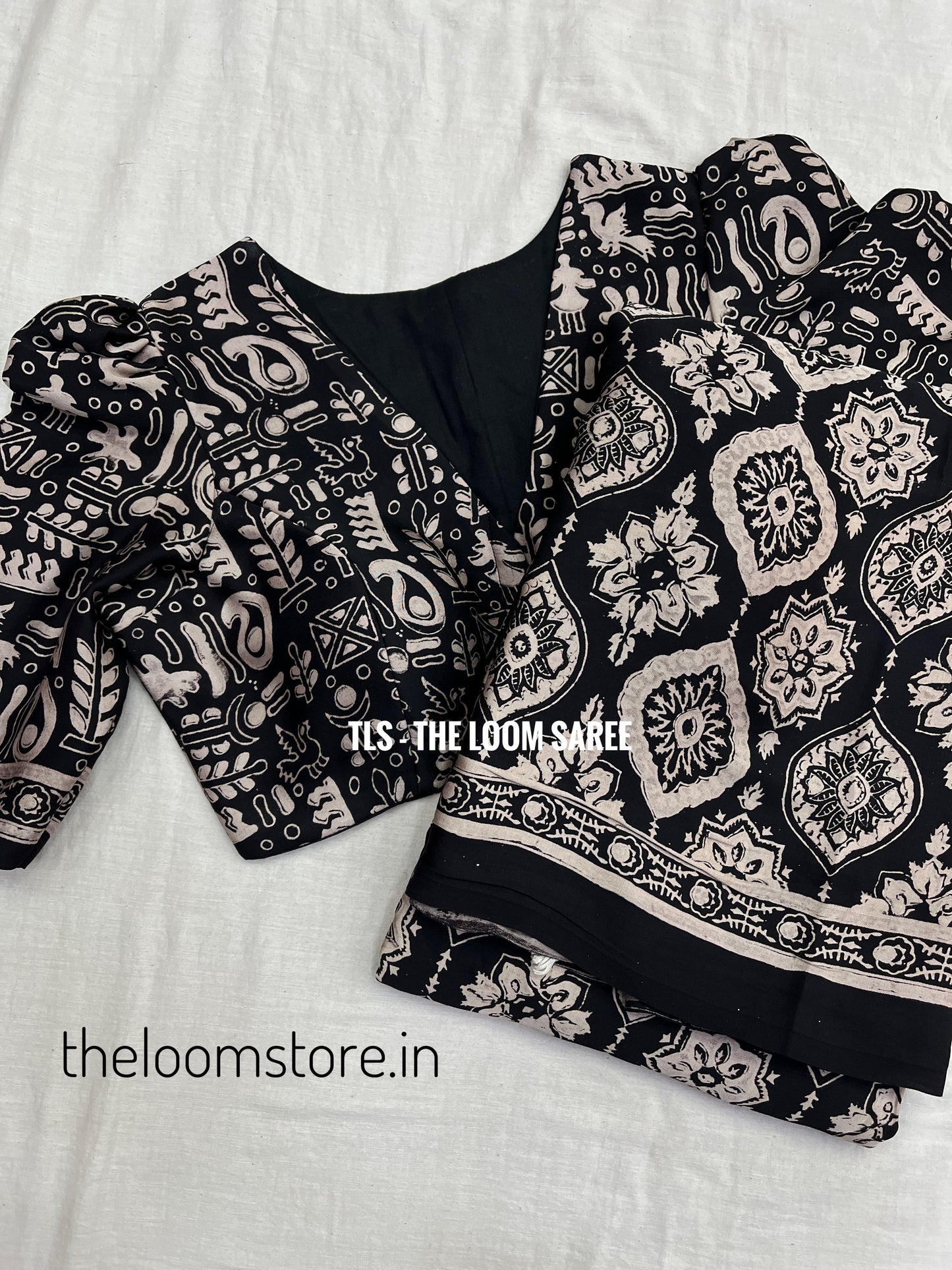 Black & Cream Badam Ajrakh Saree Blouse Set