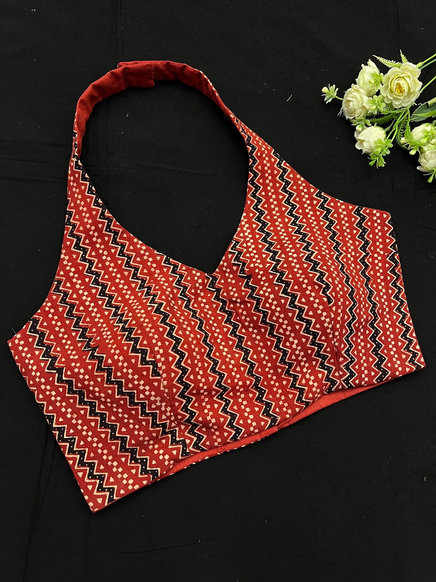 Rustic Black Ajrakh Print Cotton Crop Top